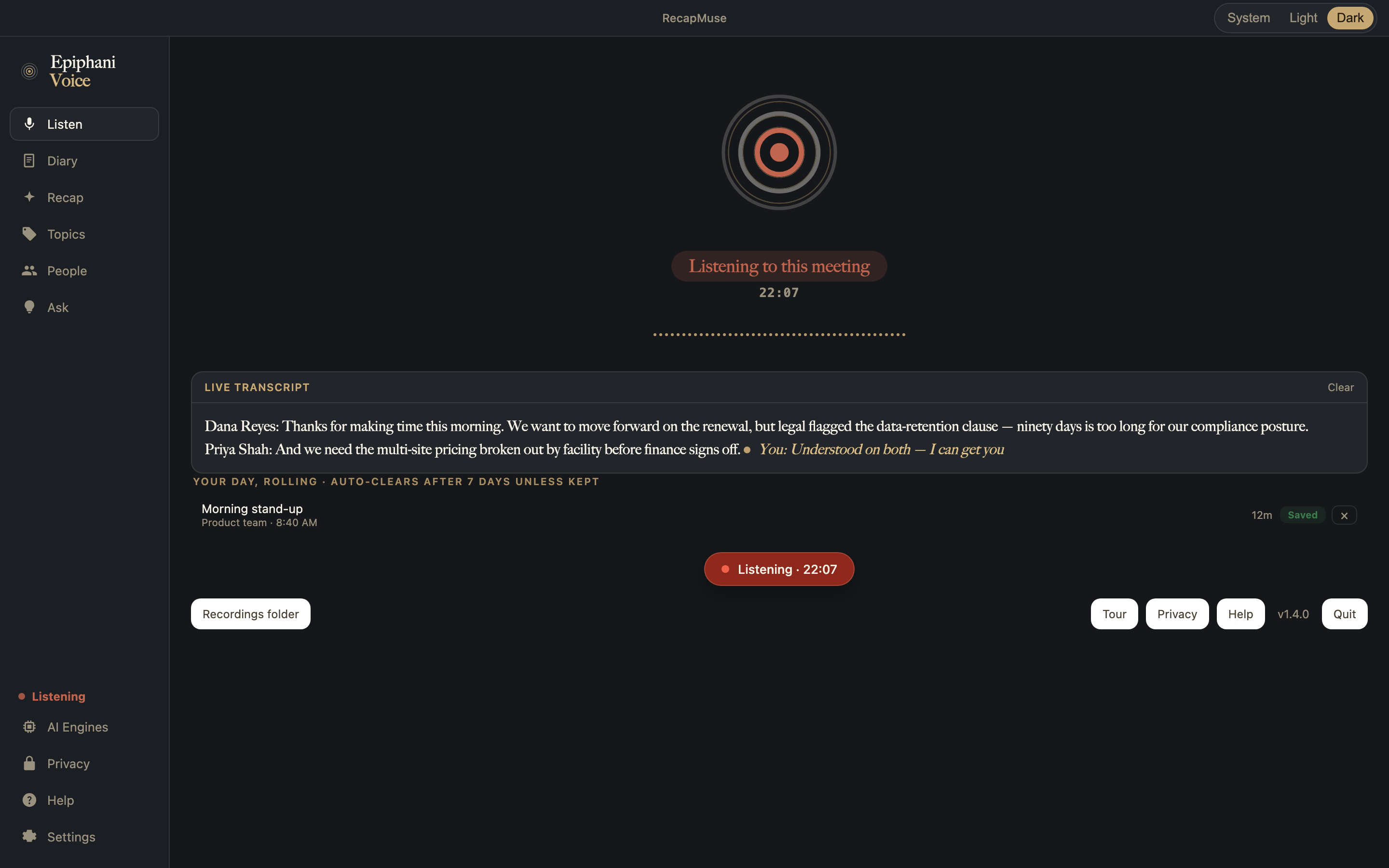 RecapMuse's Listen screen, recording active, with a live on-device transcript panel showing named speakers