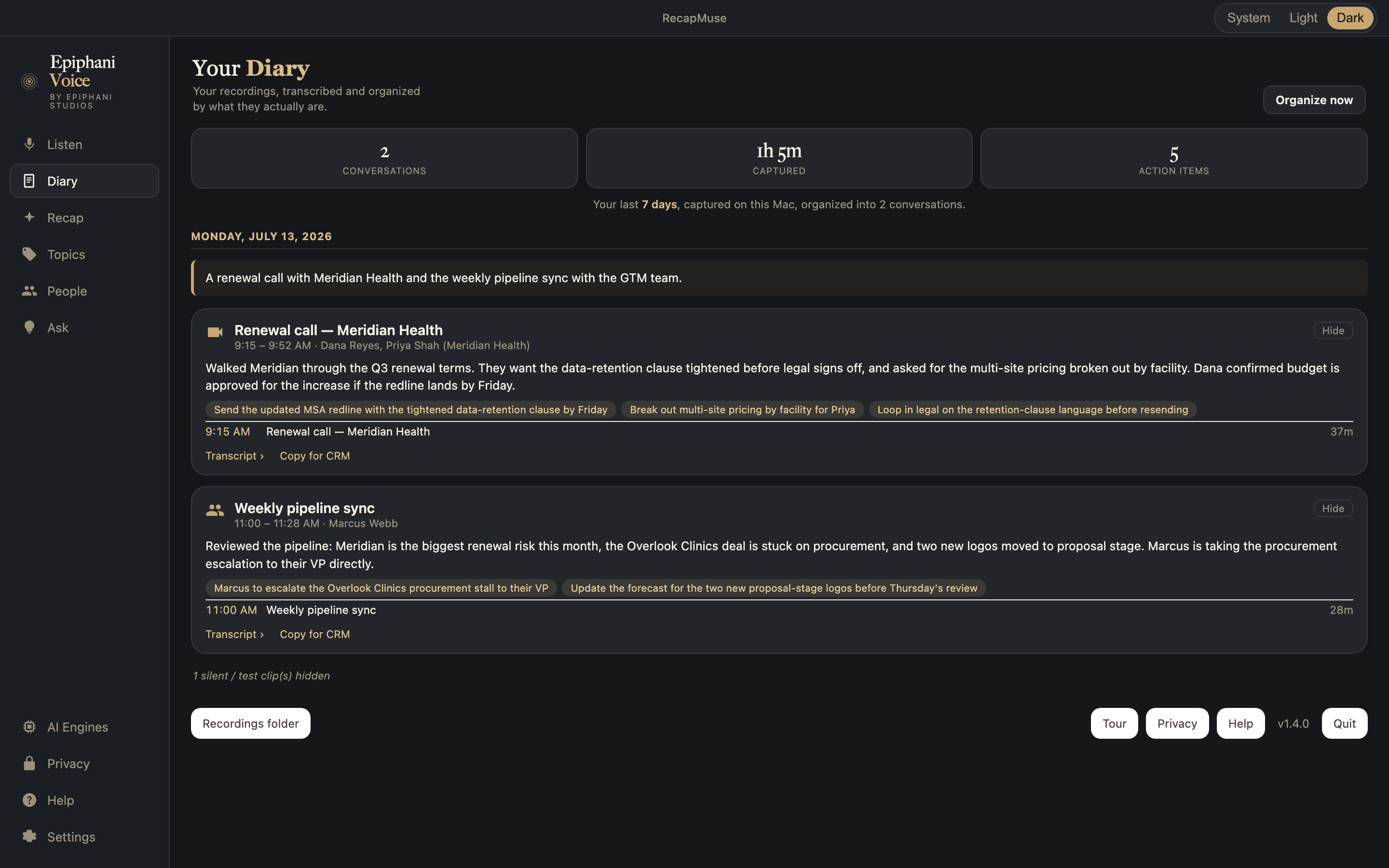 RecapMuse's Diary screen: a week of stats, two titled entries with summaries and action items, next to the Diary, Recap, Topics, People, and Ask sidebar
