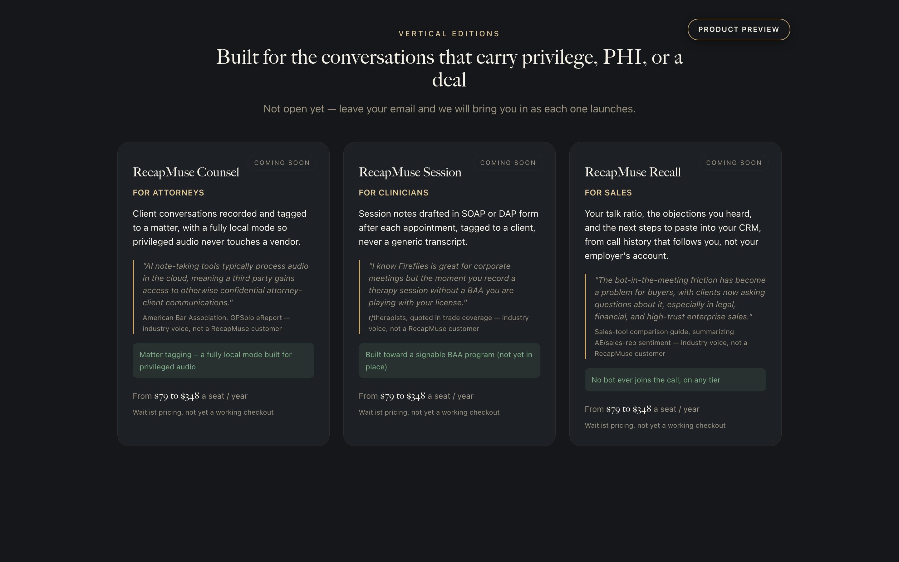 Preview of the RecapMuse Counsel, Session, and Recall edition cards, each with a buyer promise, a sourced industry pain quote, and pricing from $79 to $348 a seat a year